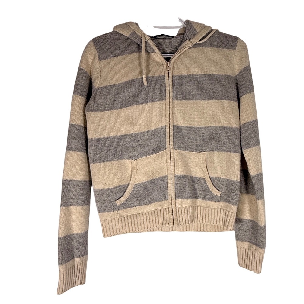 Brandy Melville MH123L Striped Knit Full Zip Hoodie Grey Cream Wool Blend